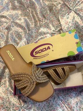 Soda Gold Rhinestone Braided Slide Mules
